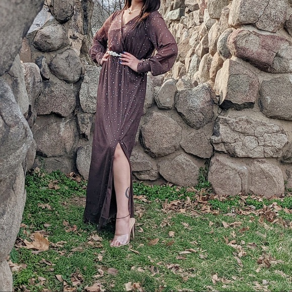 Brown Side Split Rhinestone V Neck Maxi Dress - Picture 2 of 4
